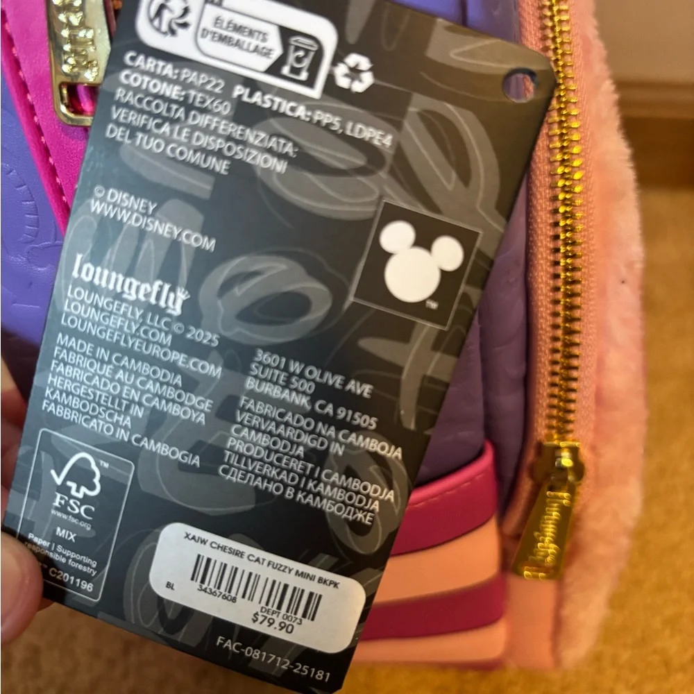 Disney Alice In Wonderland Loungefly Fuzzy Cheshire Mini Backpack - Picture 7 of 11